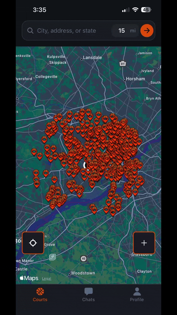 Courts map, add court, and chat